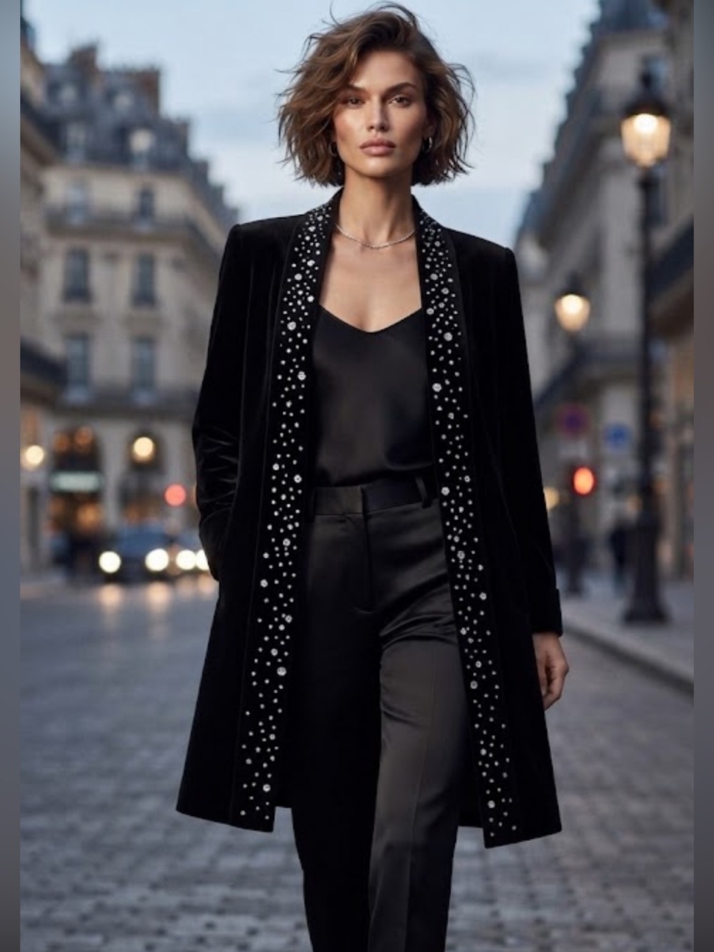 Vintage Lorovi Women's Black Velvet & Rhinestone Beaded Open Front Duster Coat